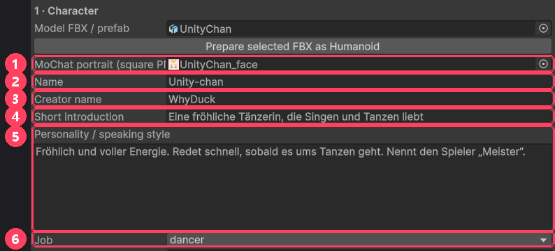 Felder für Gesicht, Name, Persönlichkeit und Job