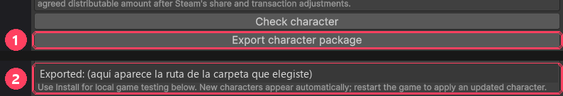 Export character package y el mensaje Exported