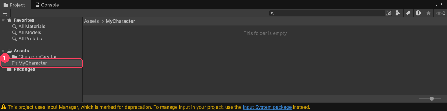 Project window with the new MyCharacter folder