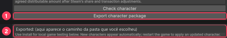 Export character package e a mensagem Exported