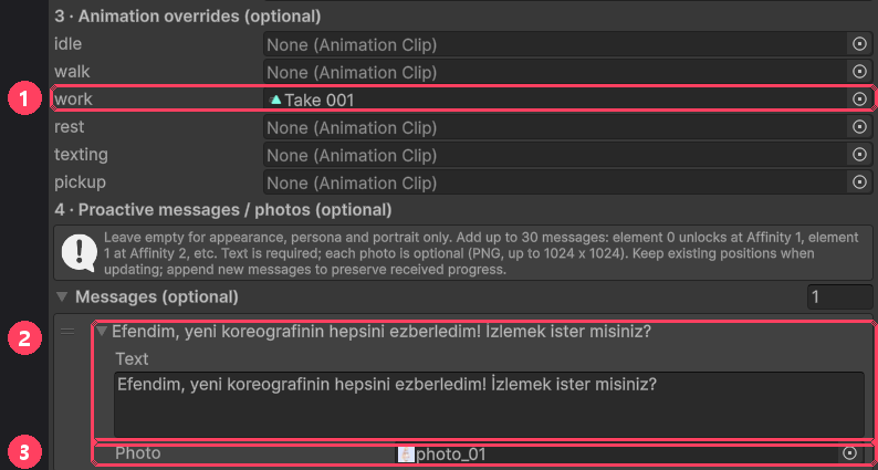 Hareket yuvaları ve mesaj listesi